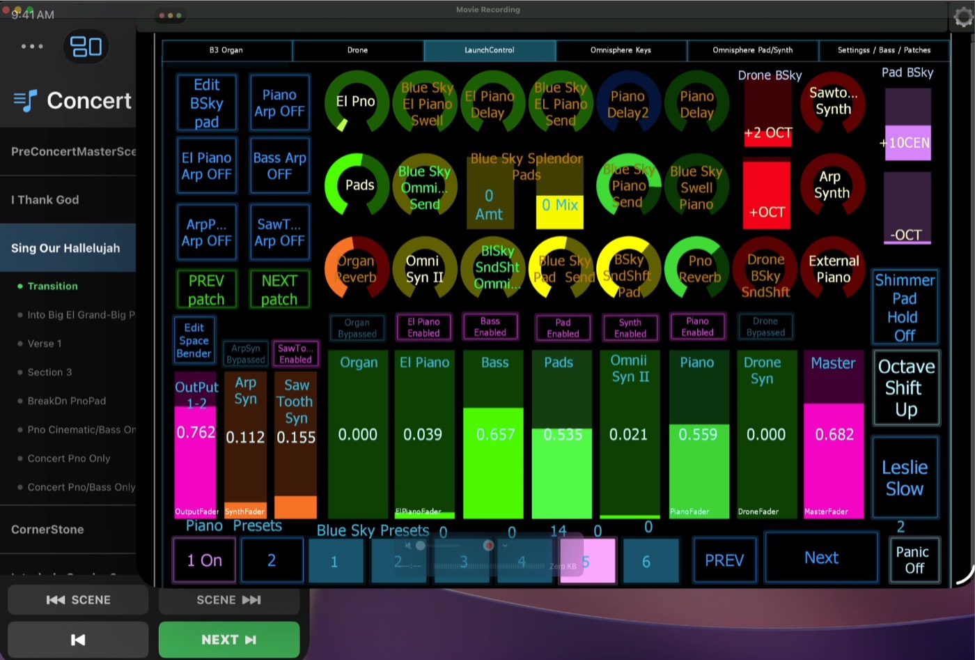 Remote Setlist panel beside a Lemur LaunchControl layout